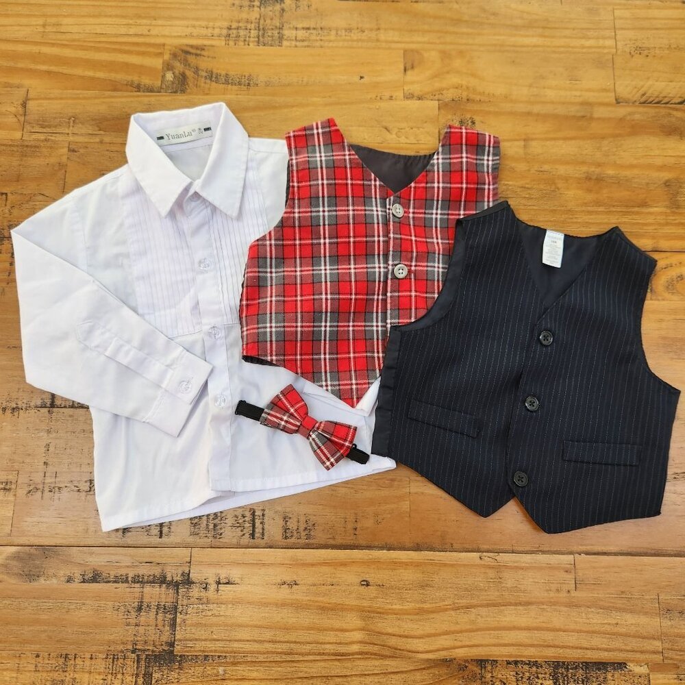 $10 SALE (4) Toddler Boys Dress Clothes White Shirt Vest Bowtie Christmas 18M-2T